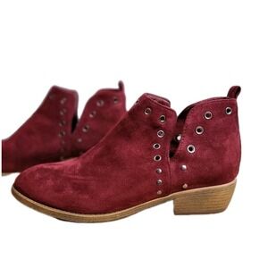 Faux Suede Ankle Booties Womens 8.5 Burgundy Red Boho Southwestern Eyelet Boots